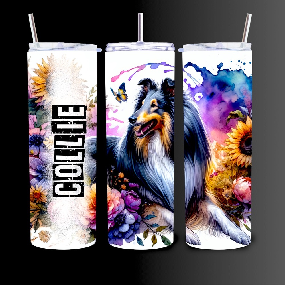 Collie Floral Tumbler with Straw